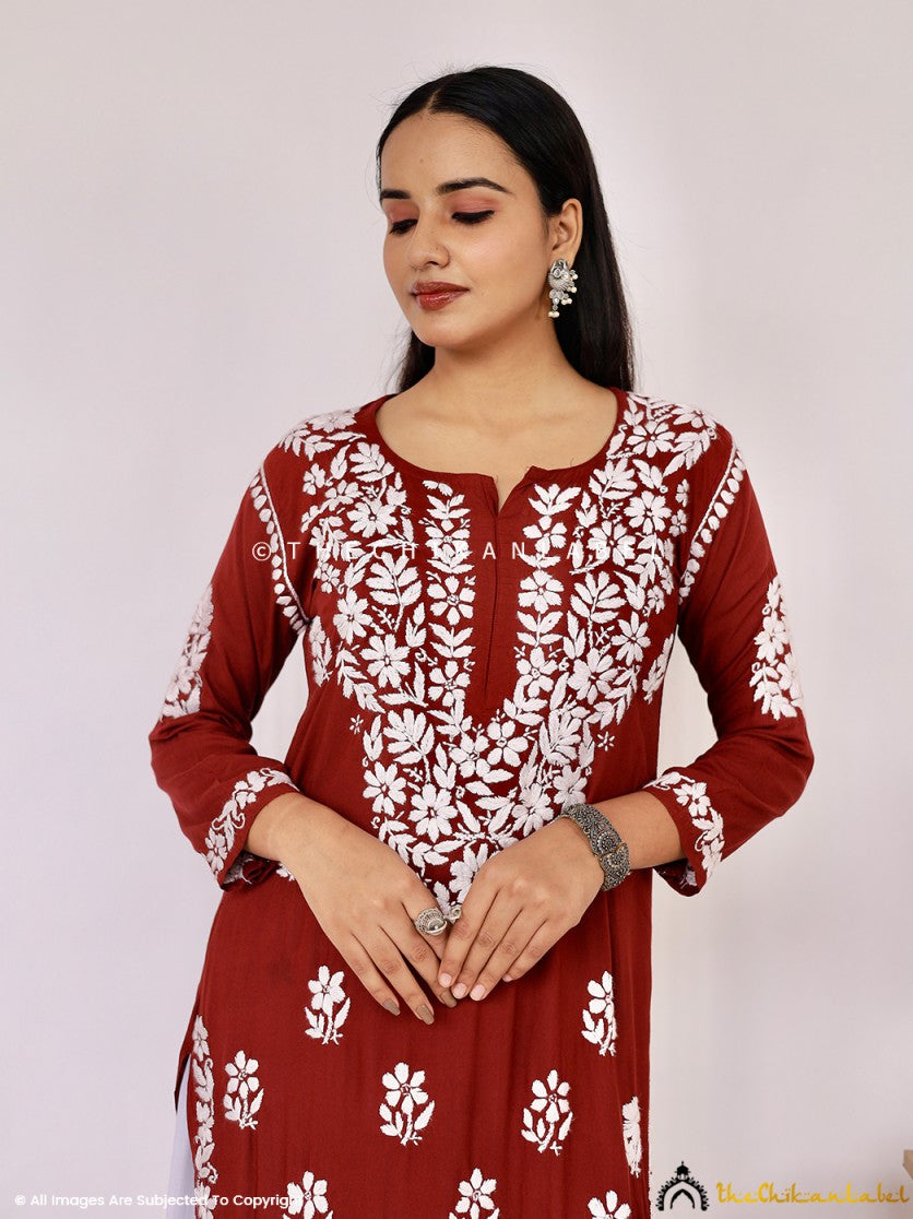 Maroon Aashi Modal Chikankari Straight Kurti