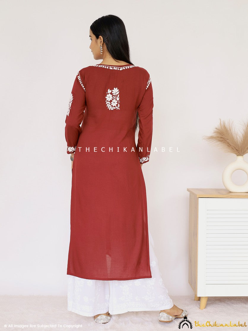 Maroon Aashi Modal Chikankari Straight Kurti