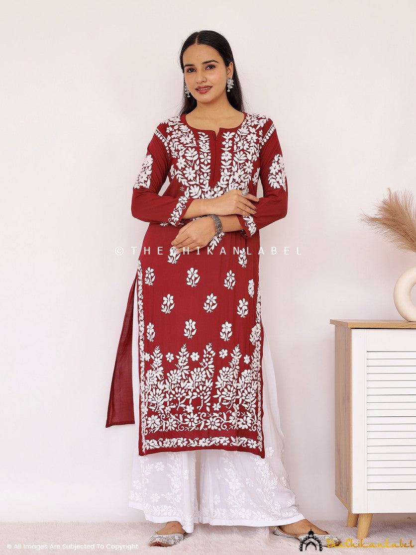 Maroon Aashi Modal Chikankari Straight Kurti