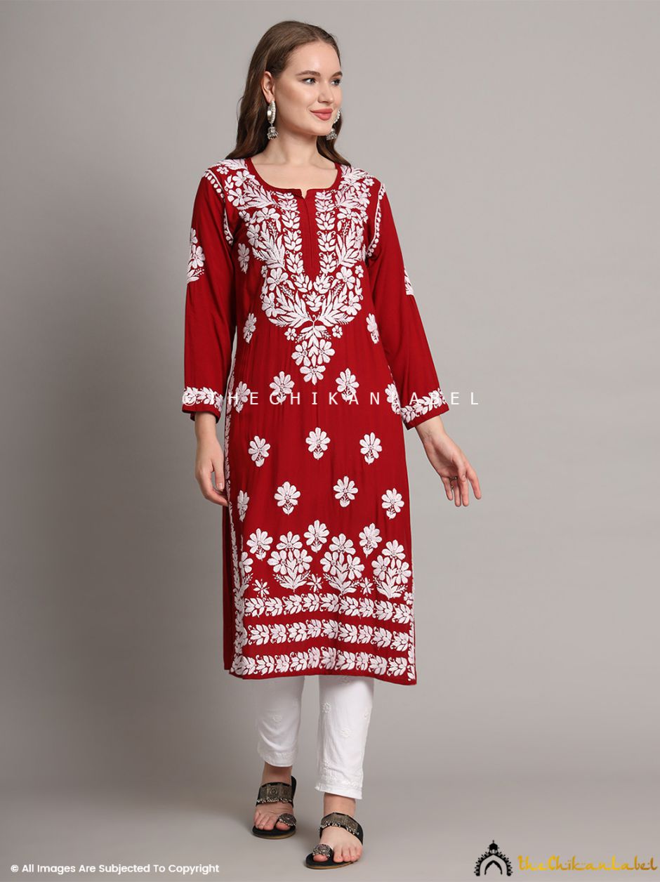 Maroon Aditi Modal Chikankari Straight Kurti