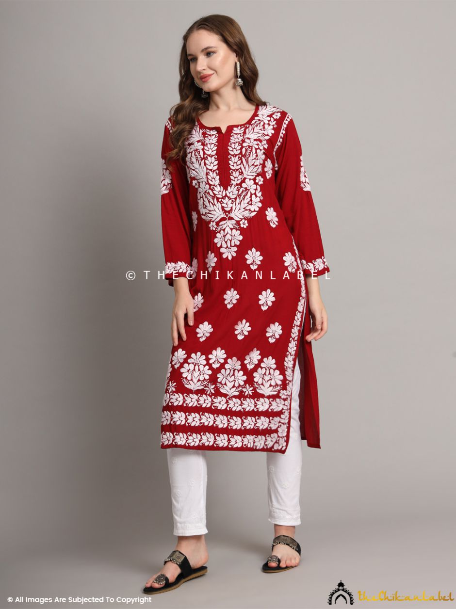 Maroon Aditi Modal Chikankari Straight Kurti