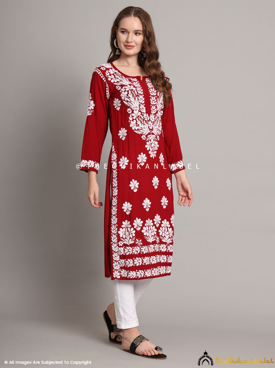 Maroon Aditi Modal Chikankari Straight Kurti