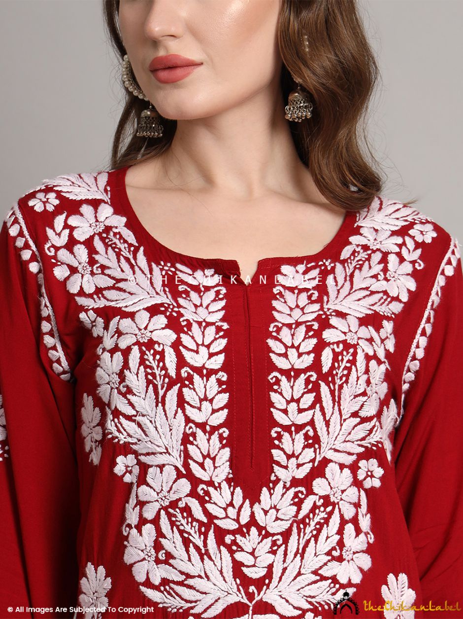 Maroon Aditi Modal Chikankari Straight Kurti