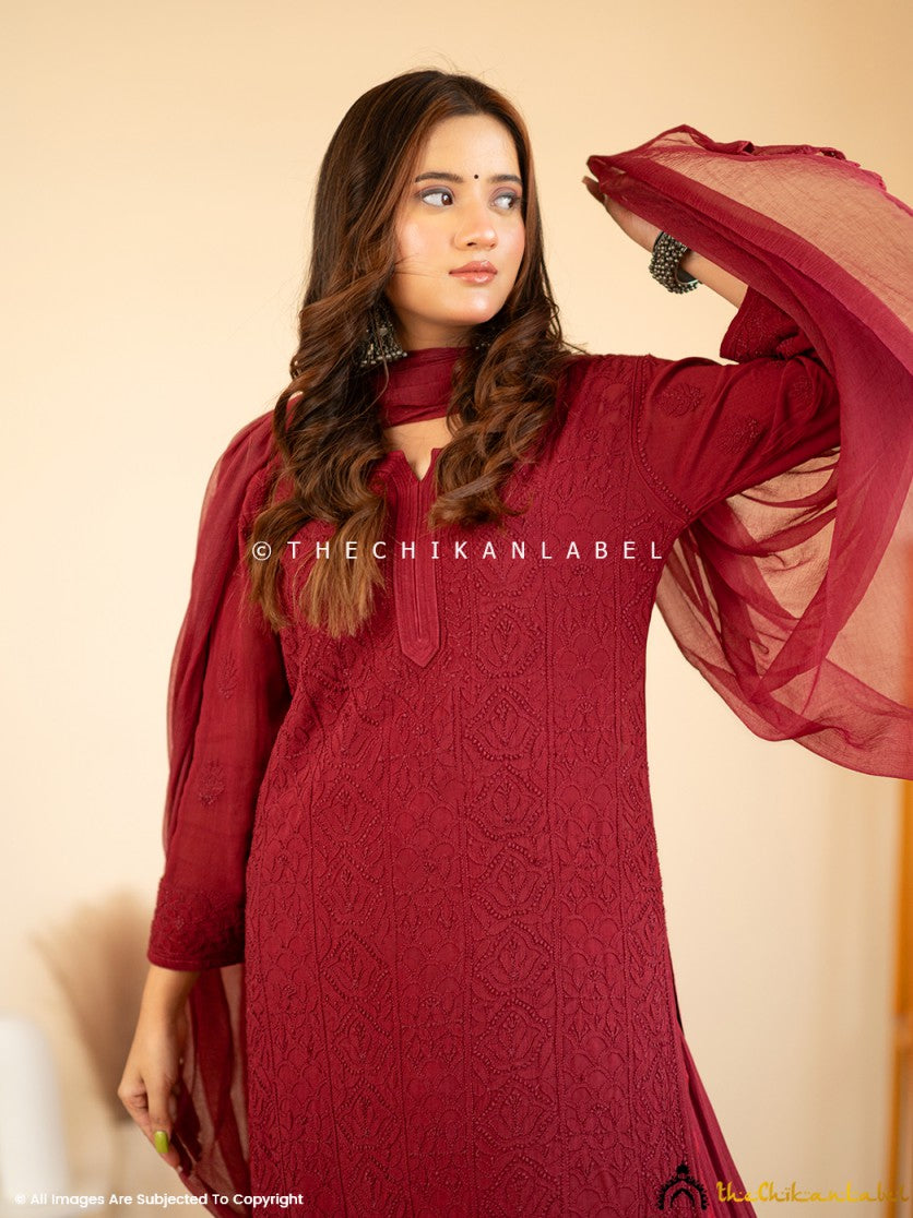 Maroon Aria Viscose Chikankari Kurta Set ,Chikankari Kurta Set in Viscose Fabric For Woman