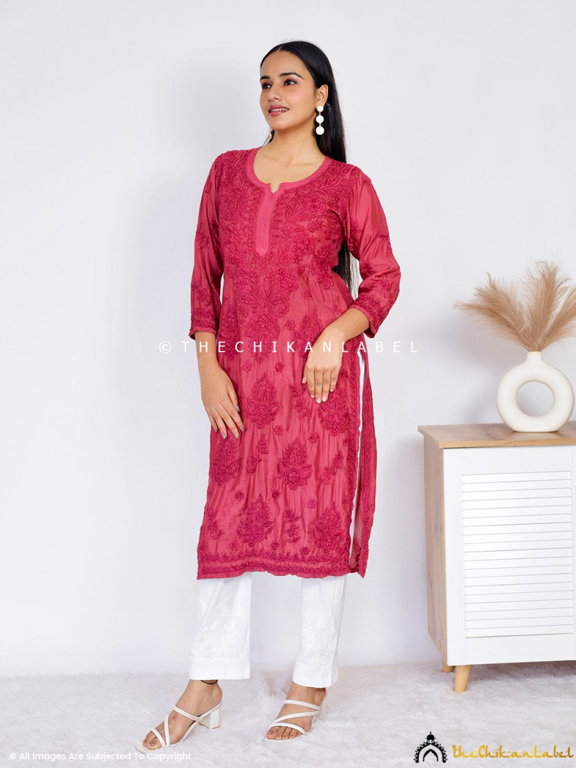 Maroon Daksha Muslin Chikankari Straight Kurti