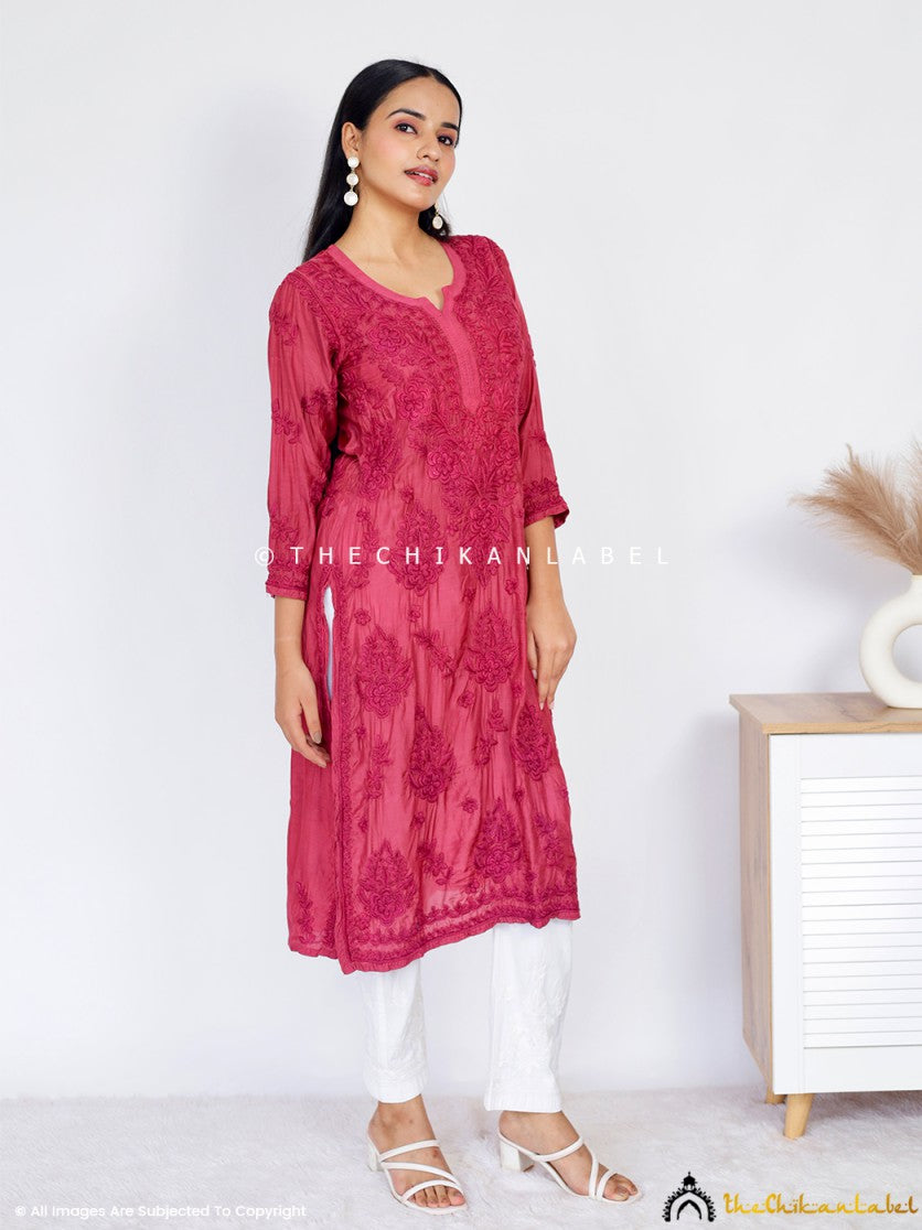 Maroon Daksha Muslin Chikankari Straight Kurti