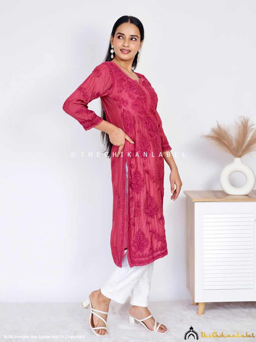 Maroon Daksha Muslin Chikankari Straight Kurti