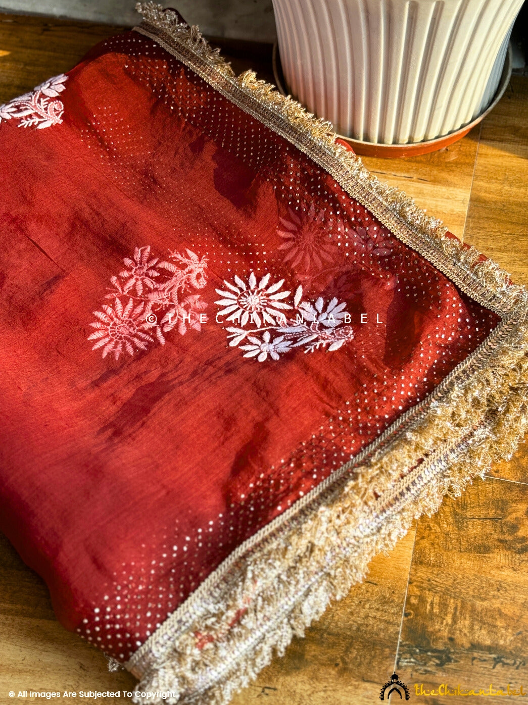 Maroon Leela Organza Chikankari Lace Border Saree