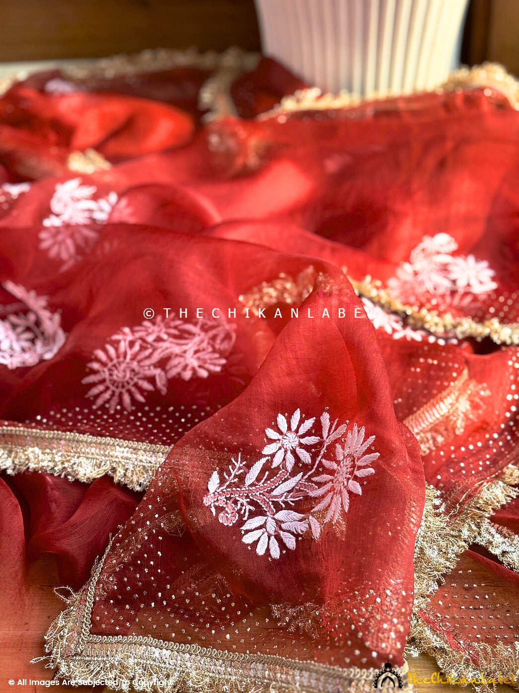 Maroon Leela Organza Chikankari Lace Border Saree