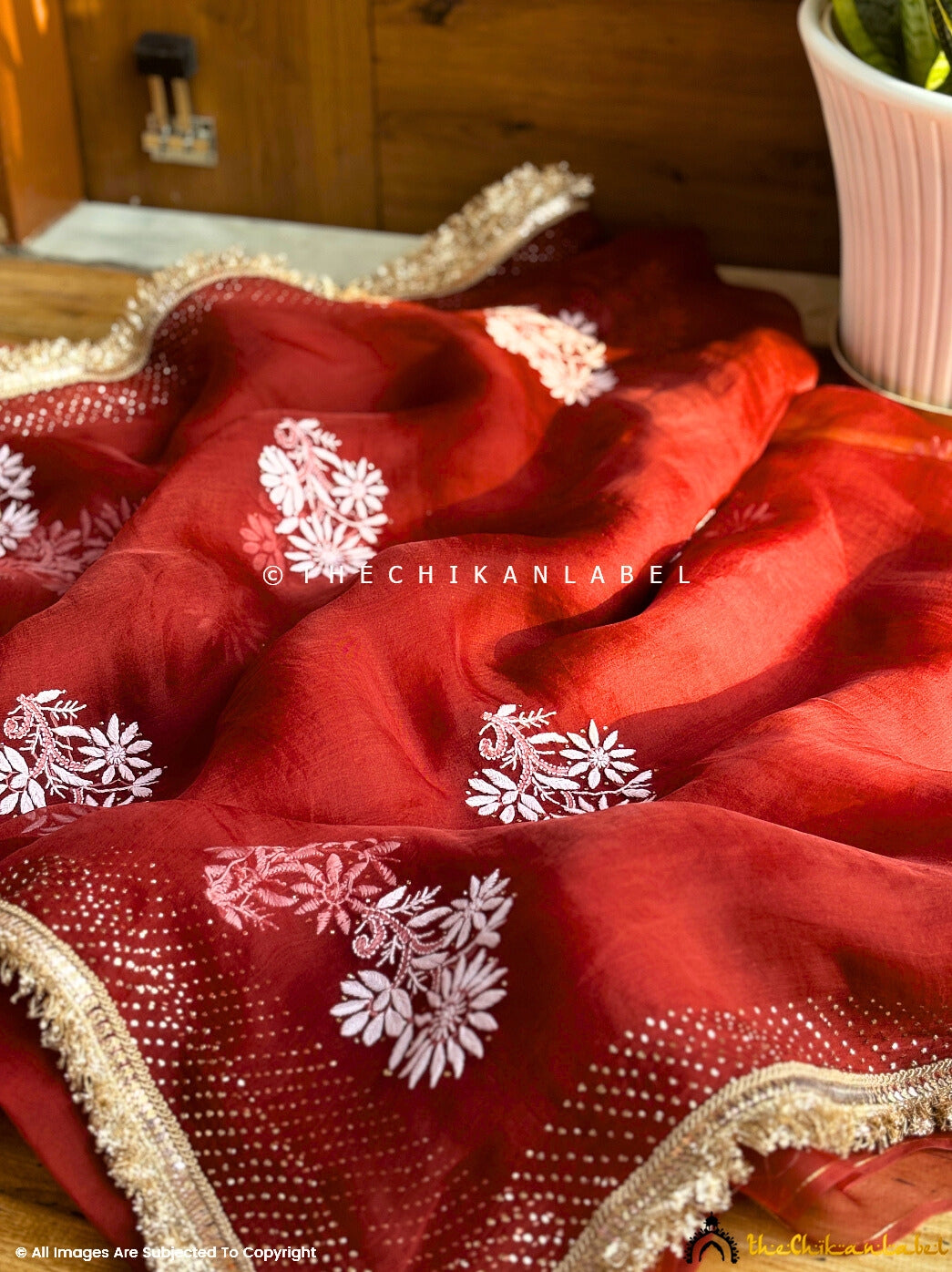 Maroon Leela Organza Chikankari Lace Border Saree