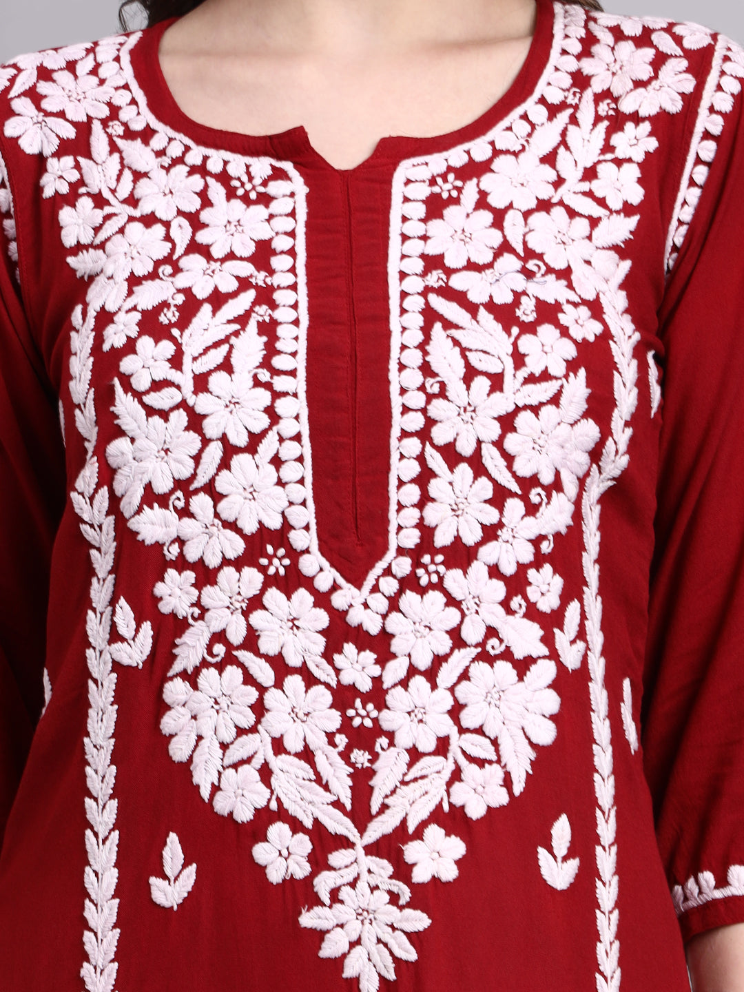 Lightweight rayon chikankari long kurti styled for fusion and ethnic occasions with detailed hand embroidery