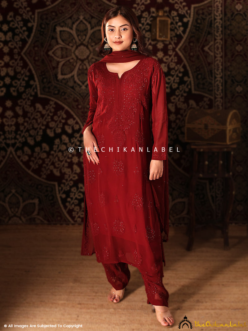 Maroon Noor Viscose Chikankari Straight Kurta Set with Dupatta