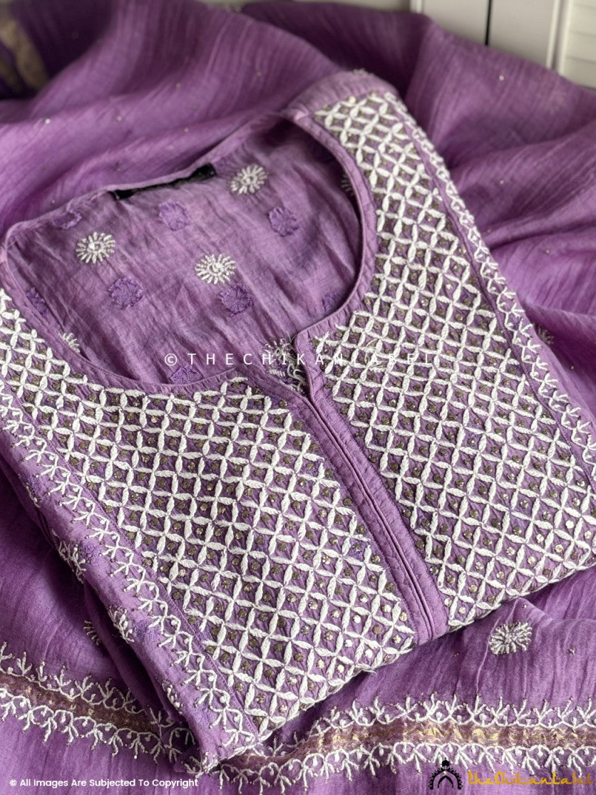 Mauve Chanderi Chikankari Suit with Dupatta