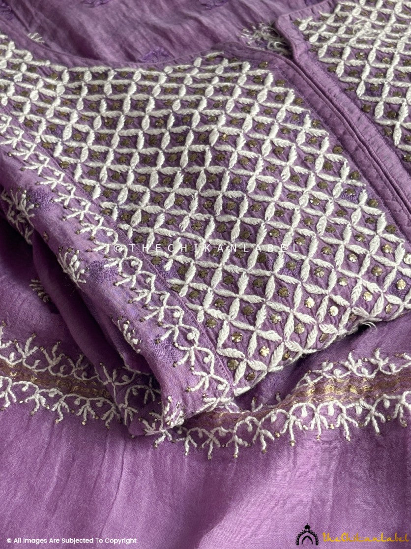 Mauve Chanderi Chikankari Suit with Dupatta