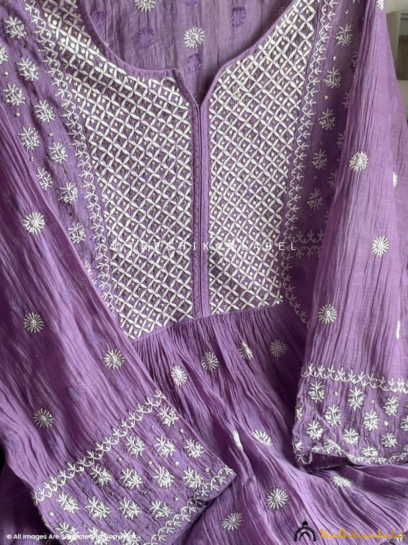 Mauve Chanderi Chikankari Suit with Dupatta