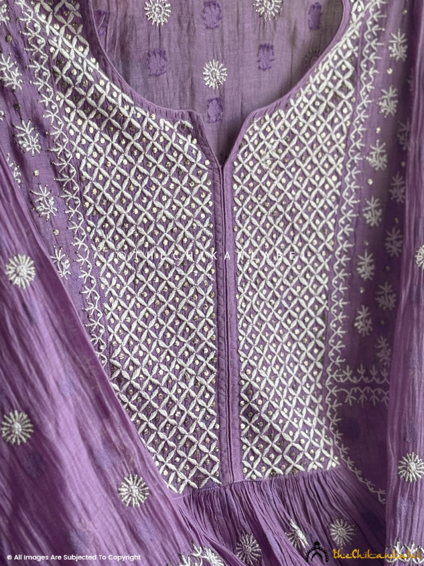 Mauve Chanderi Chikankari Suit with Dupatta