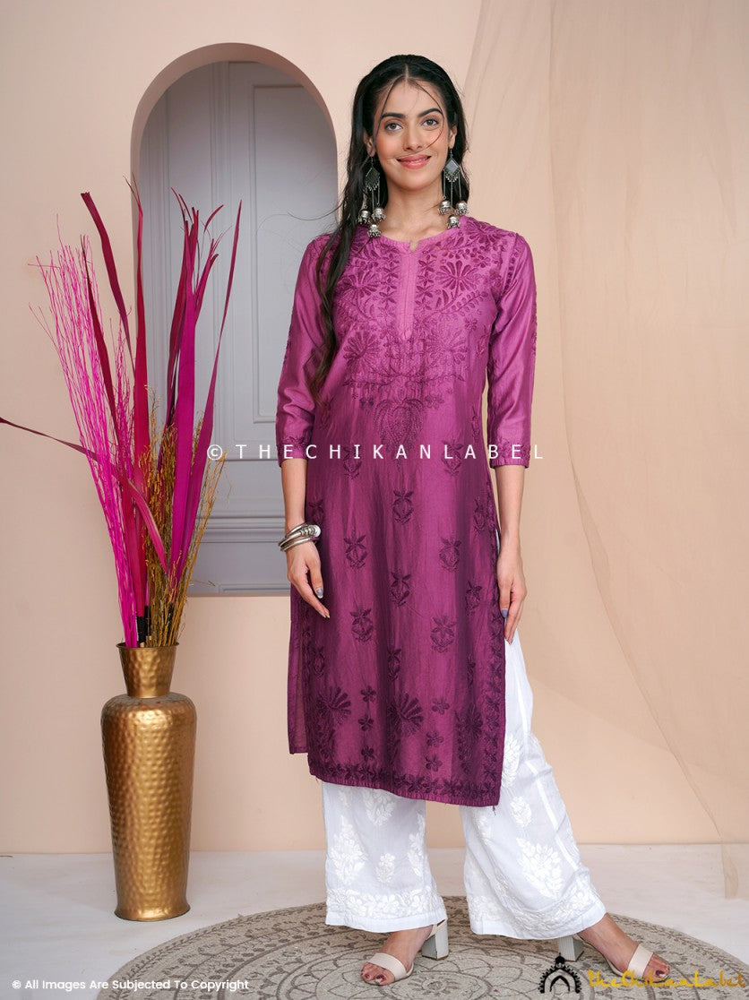 Buy chikankari straight kurti online at best prices, Shop authentic Lucknow chikankari handmade kurta kurti in chanderi fabric for women
