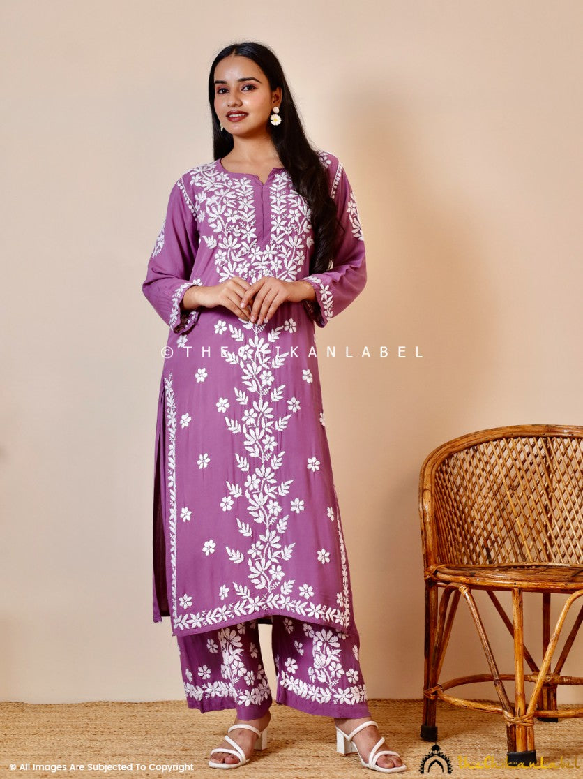 Mauve Kashish Modal Chikankari Kurti Palazzo Set