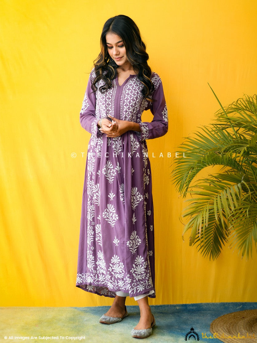 Mauve Zinia Modal Chikankari A-Line Kurti , Chikankari A-Line Kurti in Modal Fabric For Woman