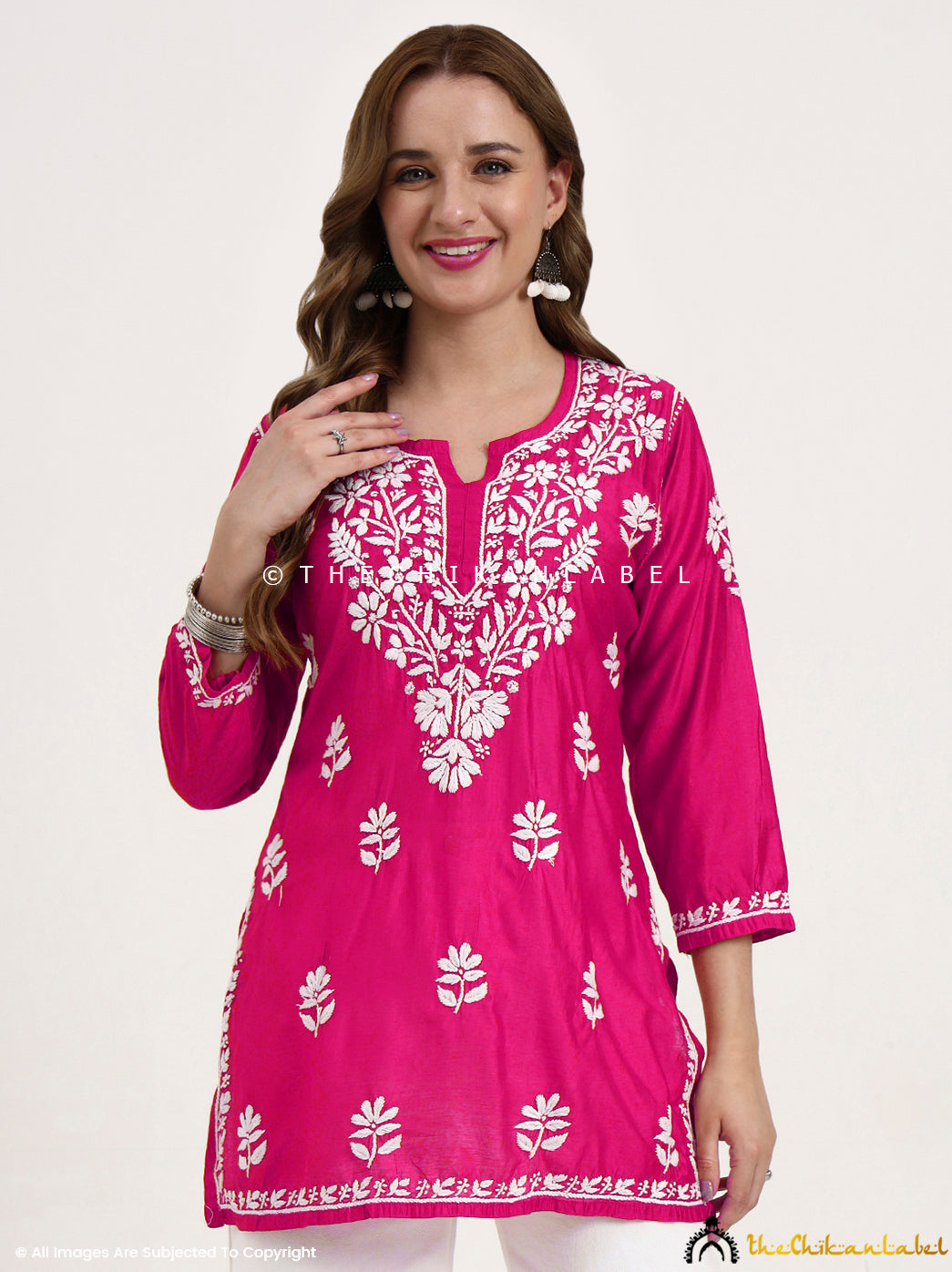 Medha Chanderi Chikankari Short Top - Hot Pink