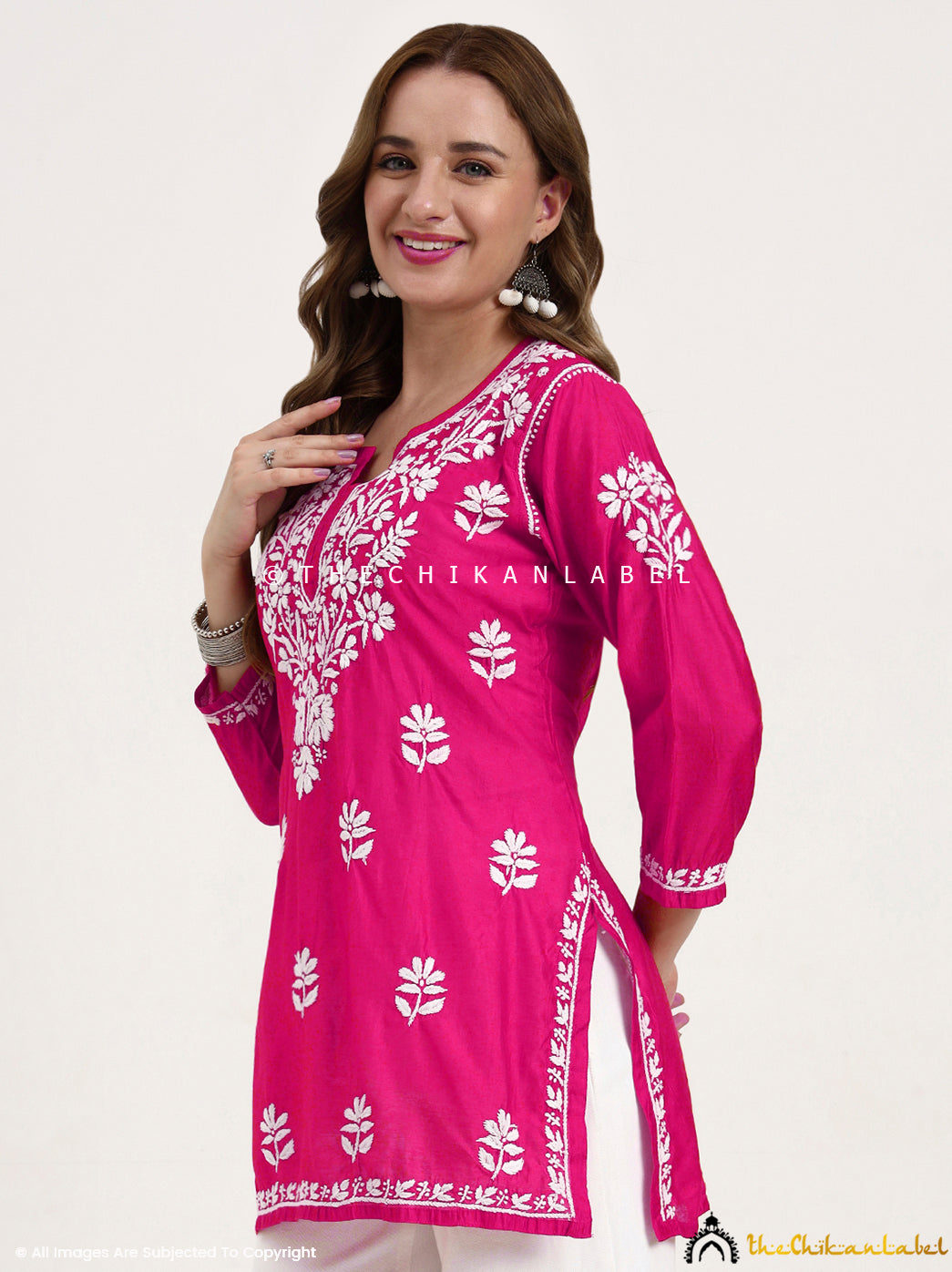 Medha Chanderi Chikankari Short Top - Hot Pink