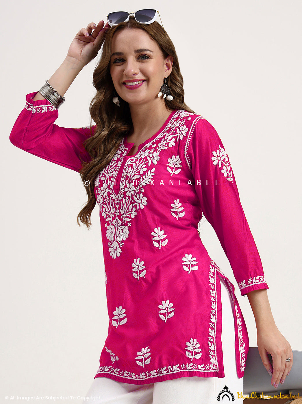 Medha Chanderi Chikankari Short Top - Hot Pink