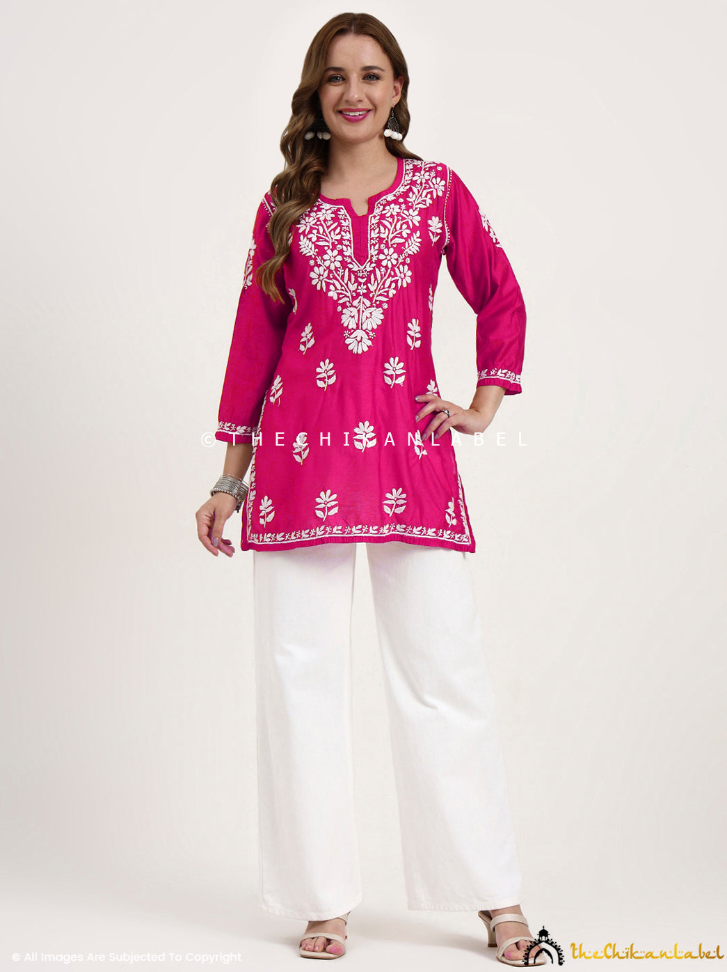 Medha Chanderi Chikankari Short Top - Hot Pink