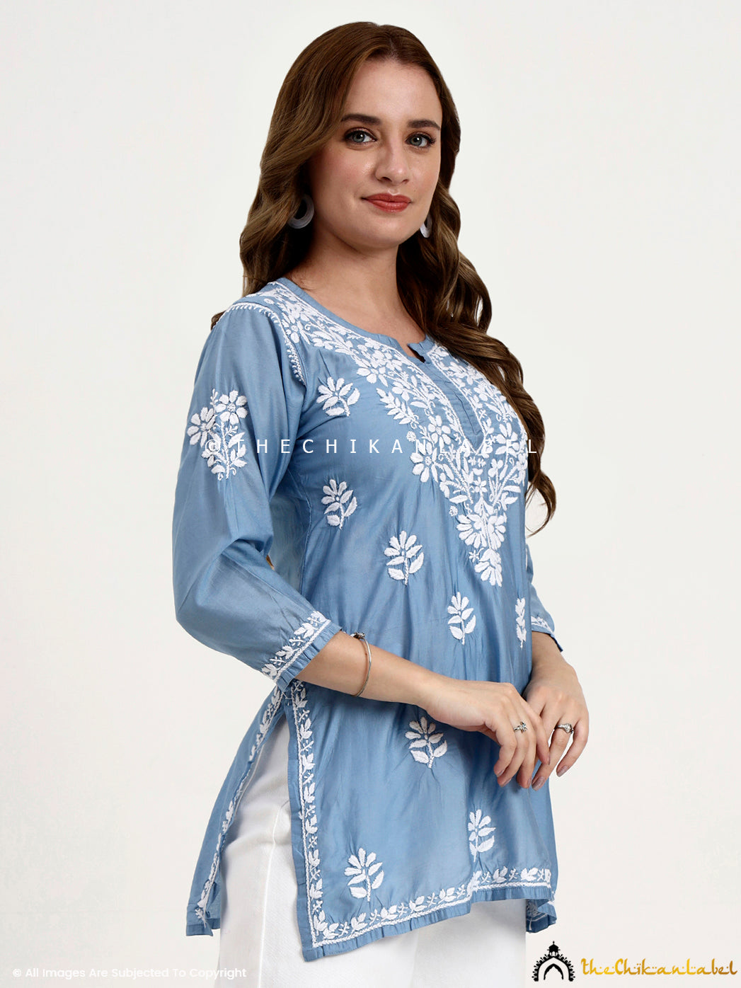 Chanderi chikankari short top with handcrafted embroidery designed for elegant festive outfits.