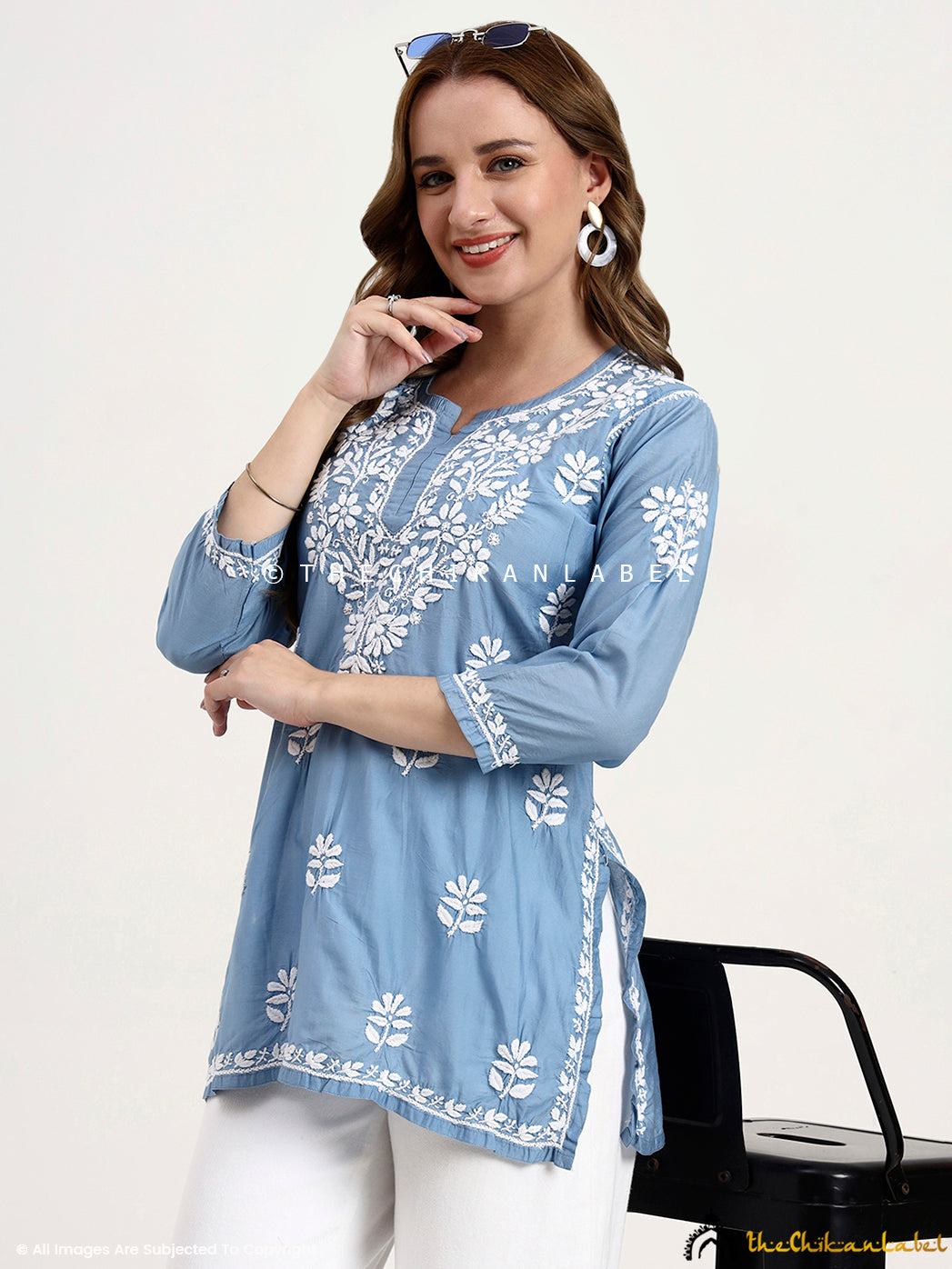 Ethnic wear short kurti with chikankari hand embroidery made on high-quality Chanderi fabric.