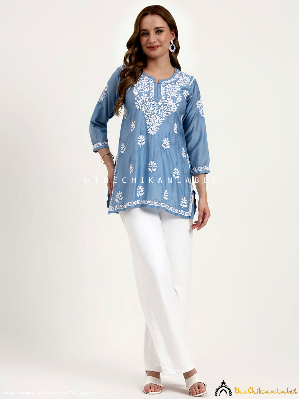 Chikankari embroidered short top for women highlighting traditional craftsmanship on Chanderi fabric.