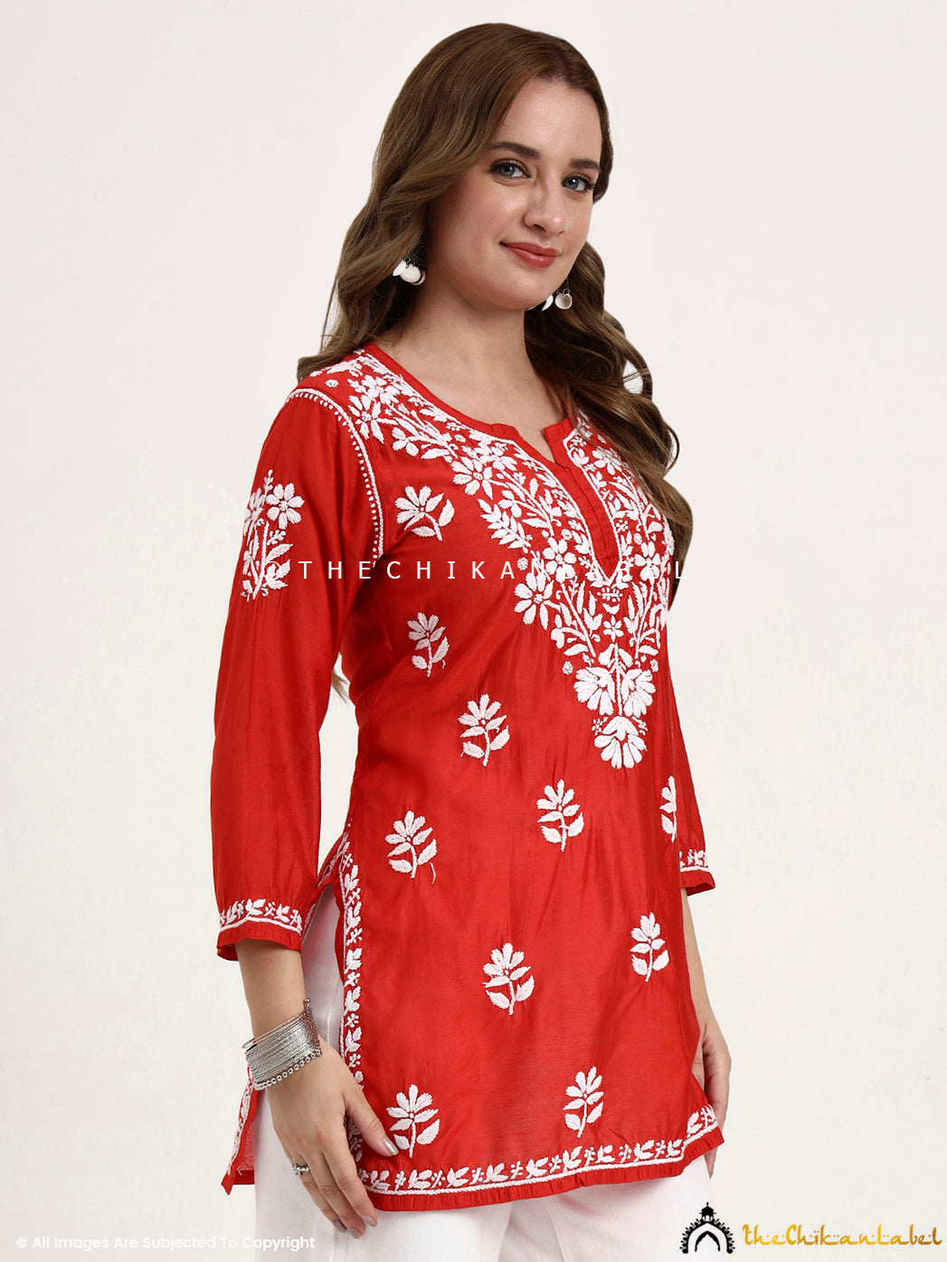 Traditional Lucknowi chikankari short top with hand embroidery crafted on premium Chanderi fabric.