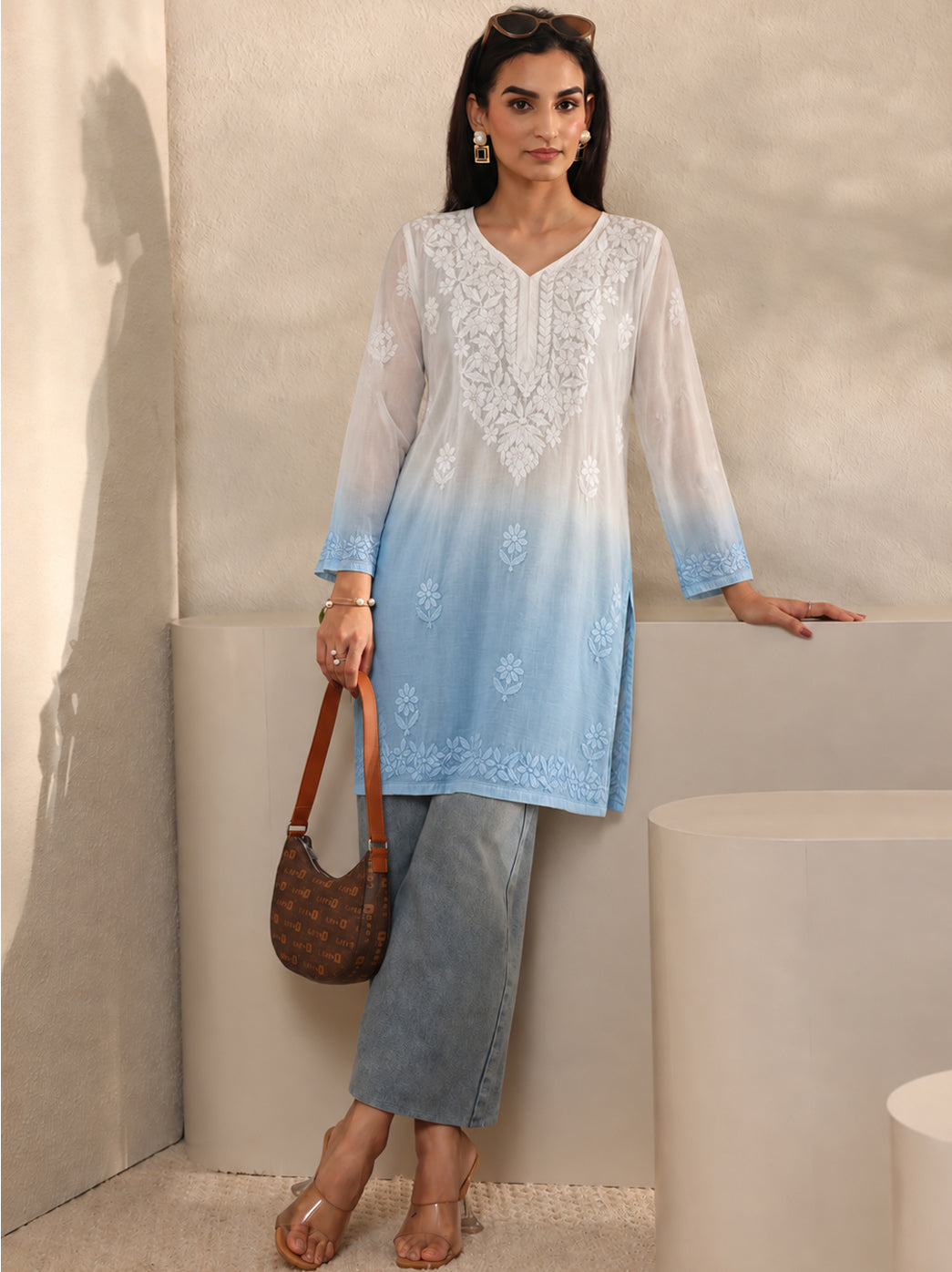 Megha Muslin Chikankari Straight Kurti - Blue