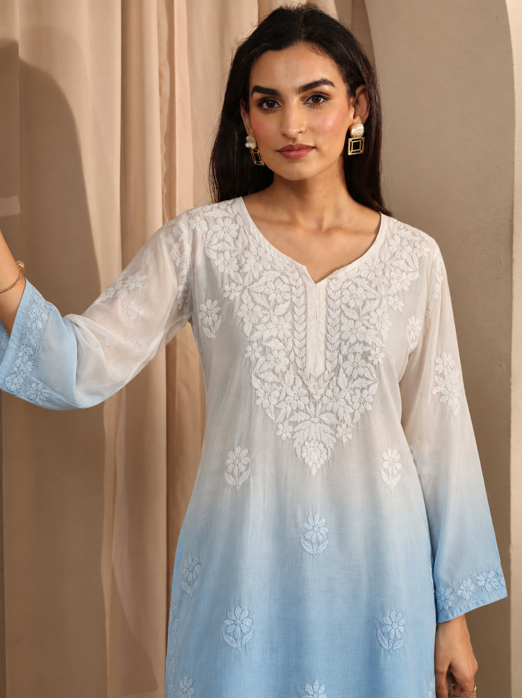 Megha Muslin Chikankari Straight Kurti - Blue