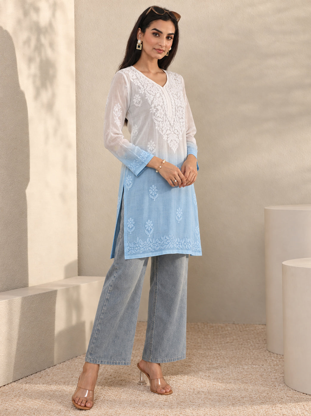 Megha Muslin Chikankari Straight Kurti - Blue