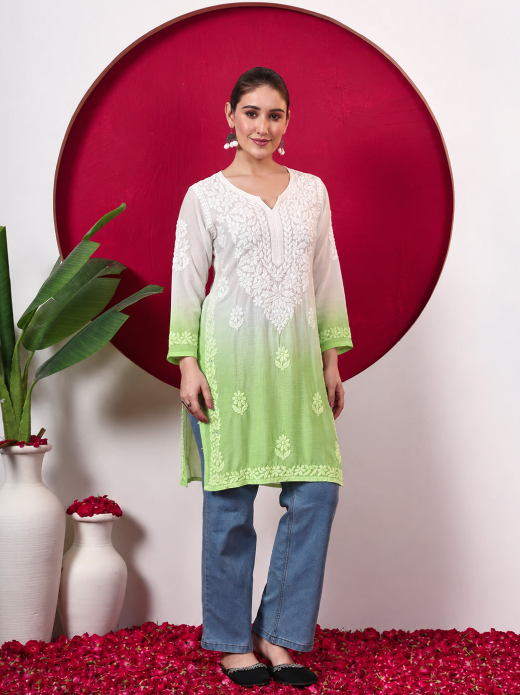 Megha Muslin Chikankari Straight Kurti - Green