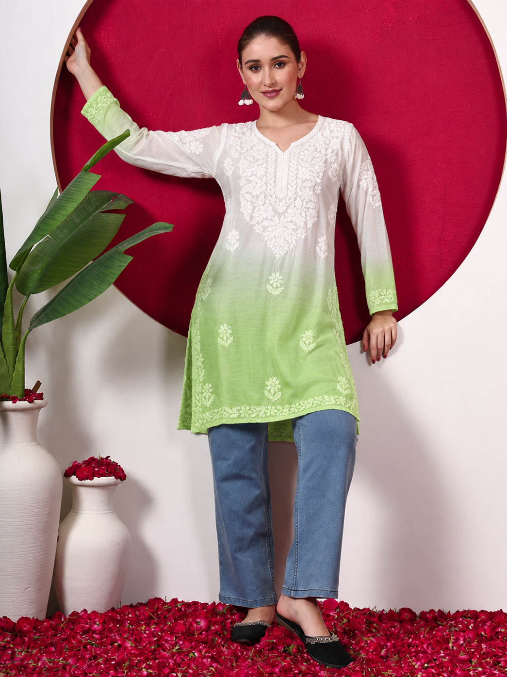Megha Muslin Chikankari Straight Kurti - Green