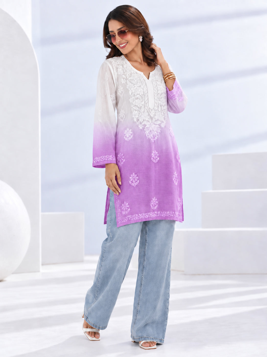 Megha Muslin Chikankari Straight Kurti - Lavender