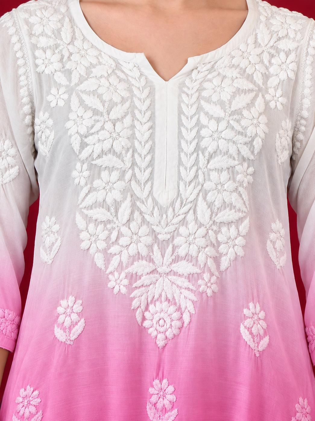 Megha Muslin Chikankari Straight Kurti - Pink
