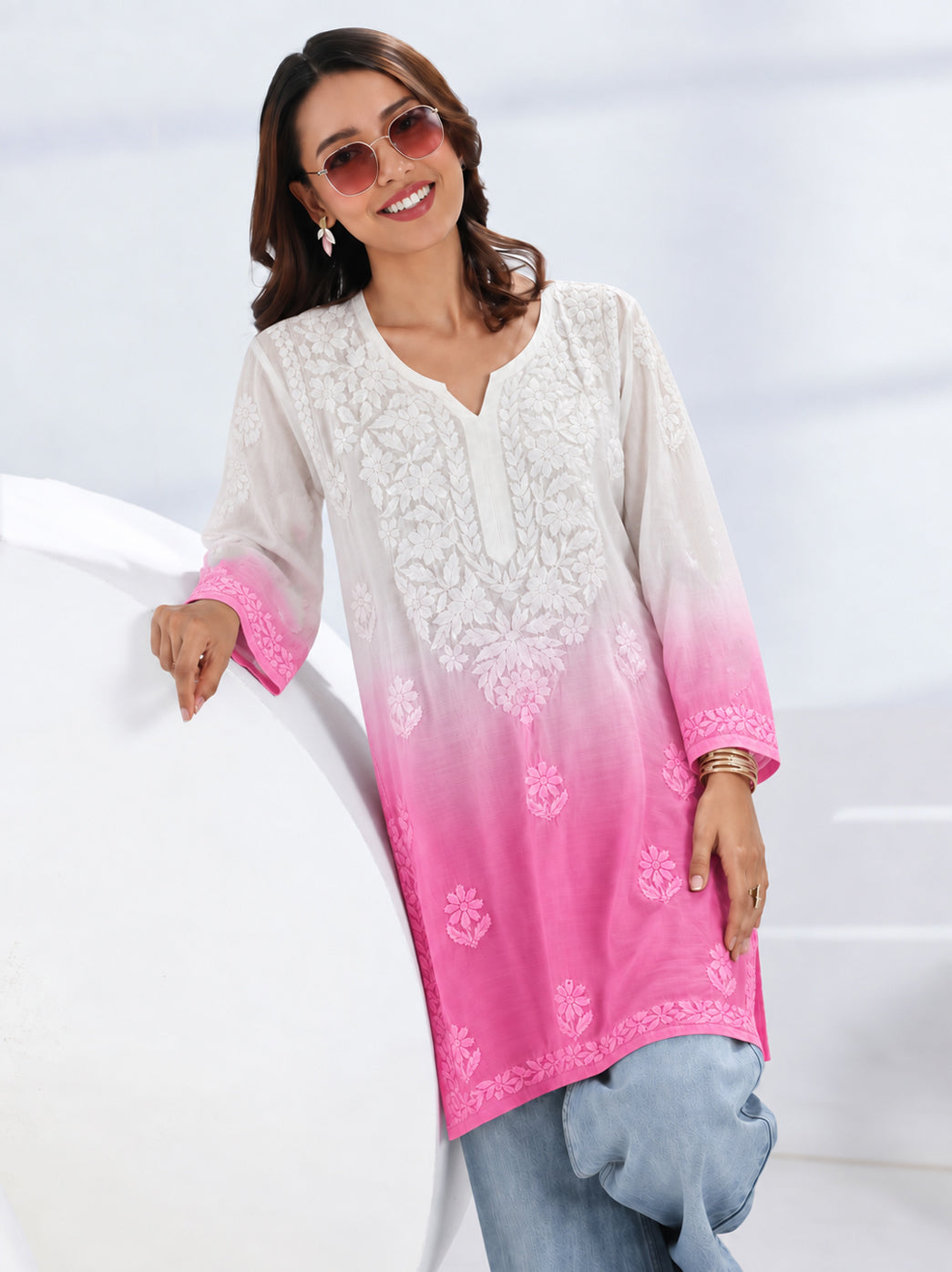 Megha Muslin Chikankari Straight Kurti - Pink