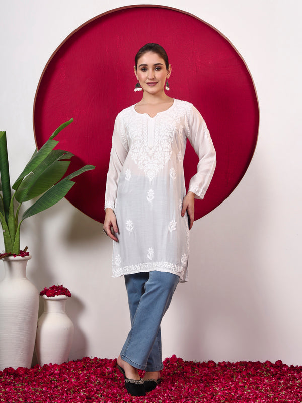 Megha Muslin Straight Kurti featuring detailed Chikankari embroidery, straight silhouette, full sleeves and elegant traditional craftsmanship for everyday ethnic wear.