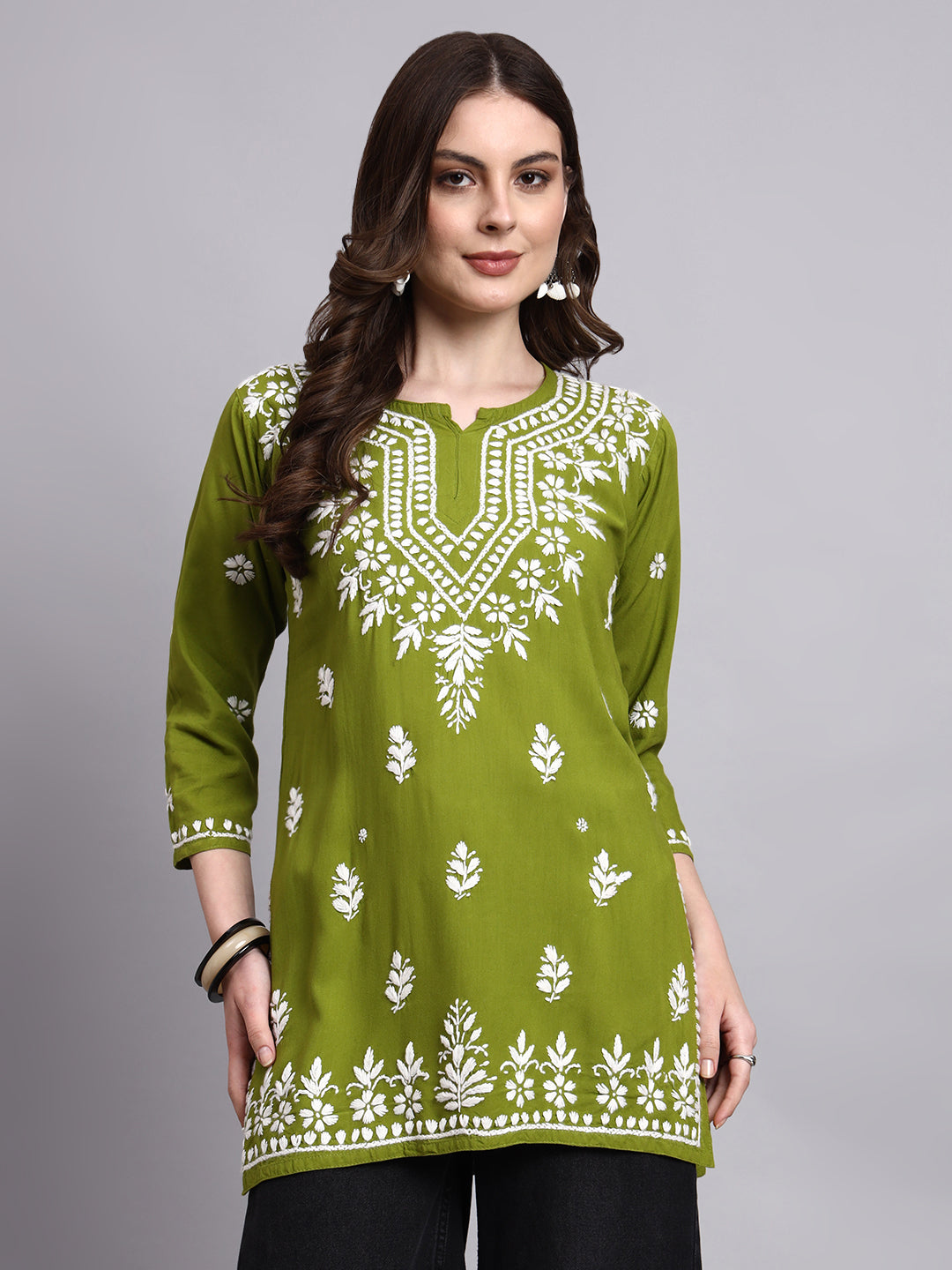 Traditional handmade chikankari short kurta with minimal embroidery accents for everyday ethnic styling