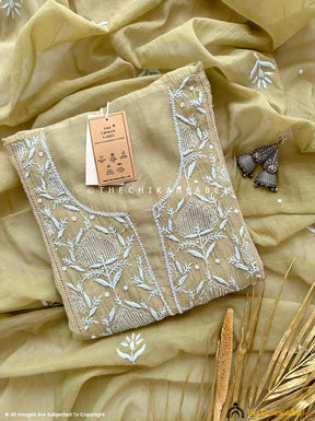 Mehndi Gulaal Chanderi Mulmul Semi-Stitched Kurti Piece with Dupatta
