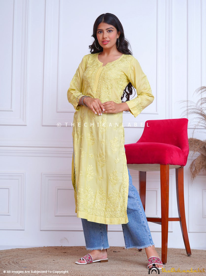 Mehndi Chikankari Straight Kurti in Muslin Fabric for Women Online, Buy Lucknow Chikankari Kurti Online at best price.