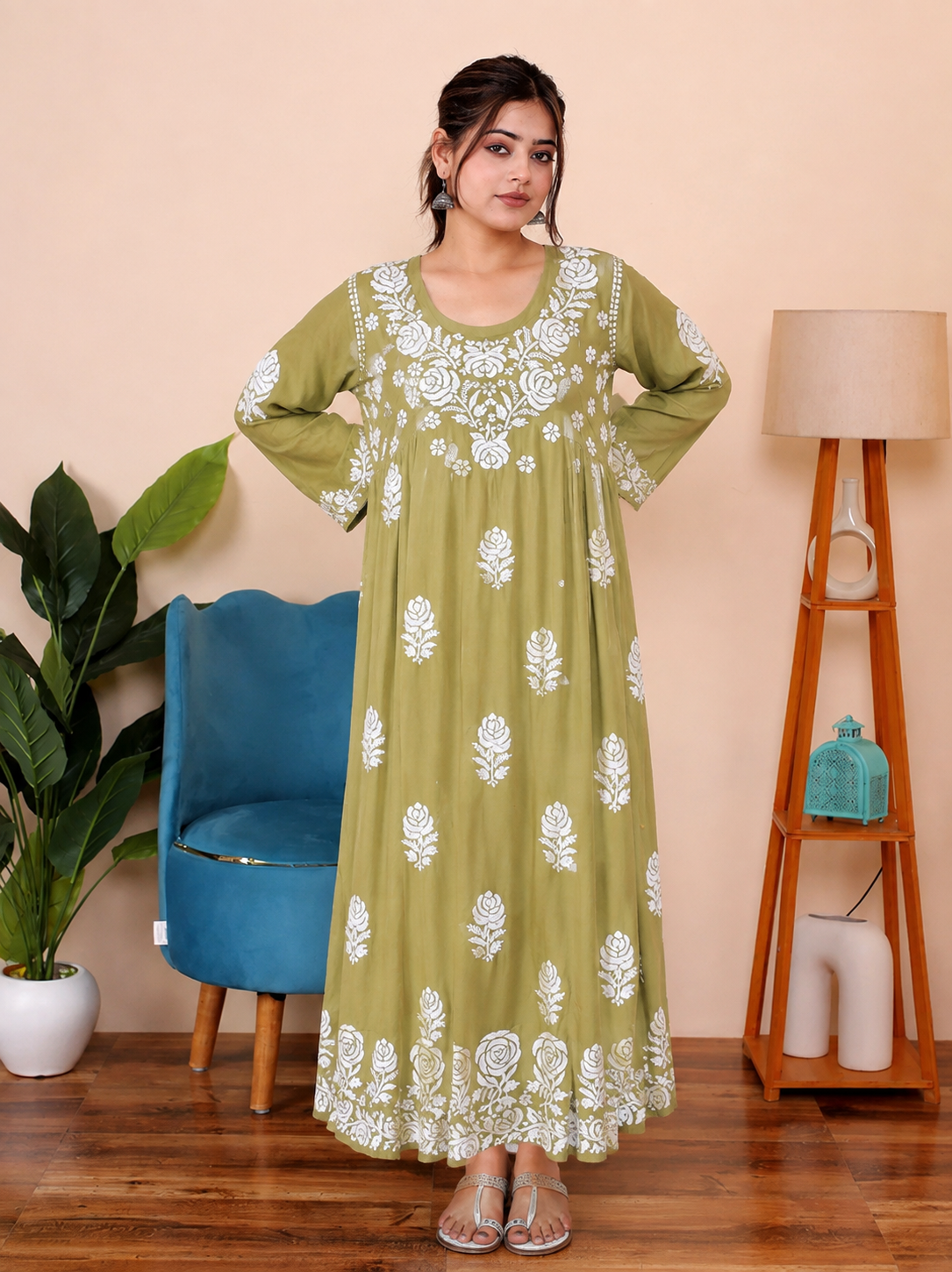 Mehndi Ria Modal Chikankari Anarkali Kurta