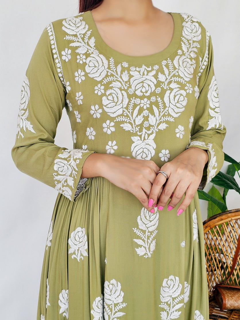 Mehndi Ria Modal Chikankari Anarkali Kurta