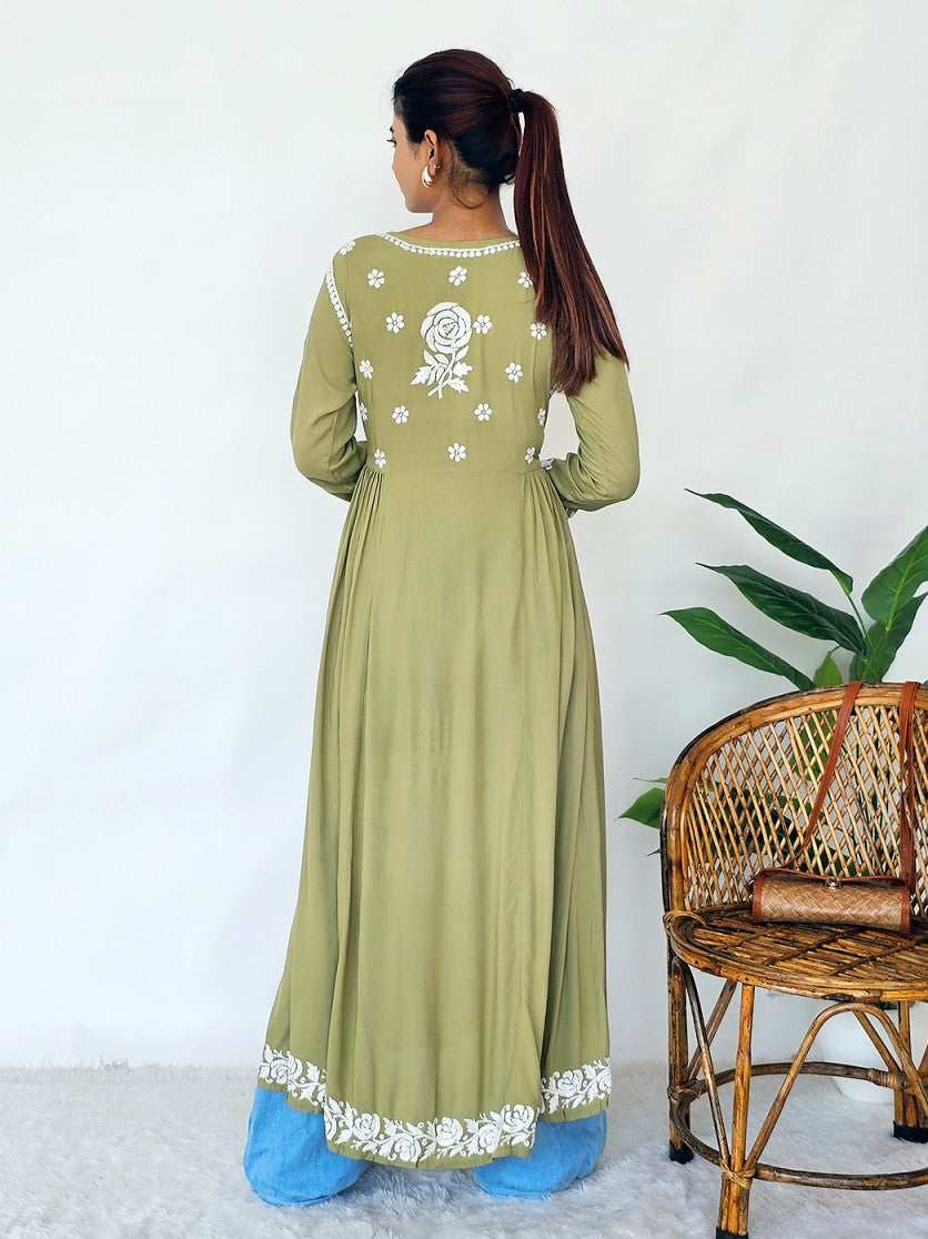 Mehndi Ria Modal Chikankari Anarkali Kurta