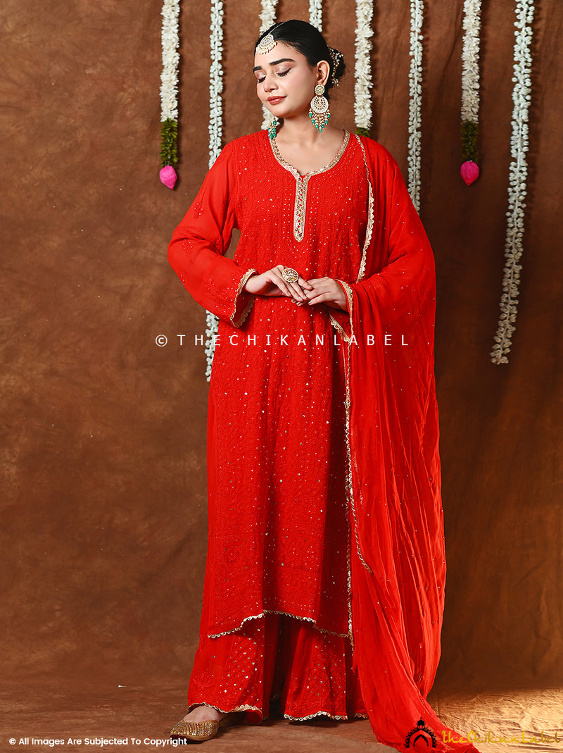 Premium viscose mukaish chikankari kurta sharara set with dupatta designed for weddings and festive wear.