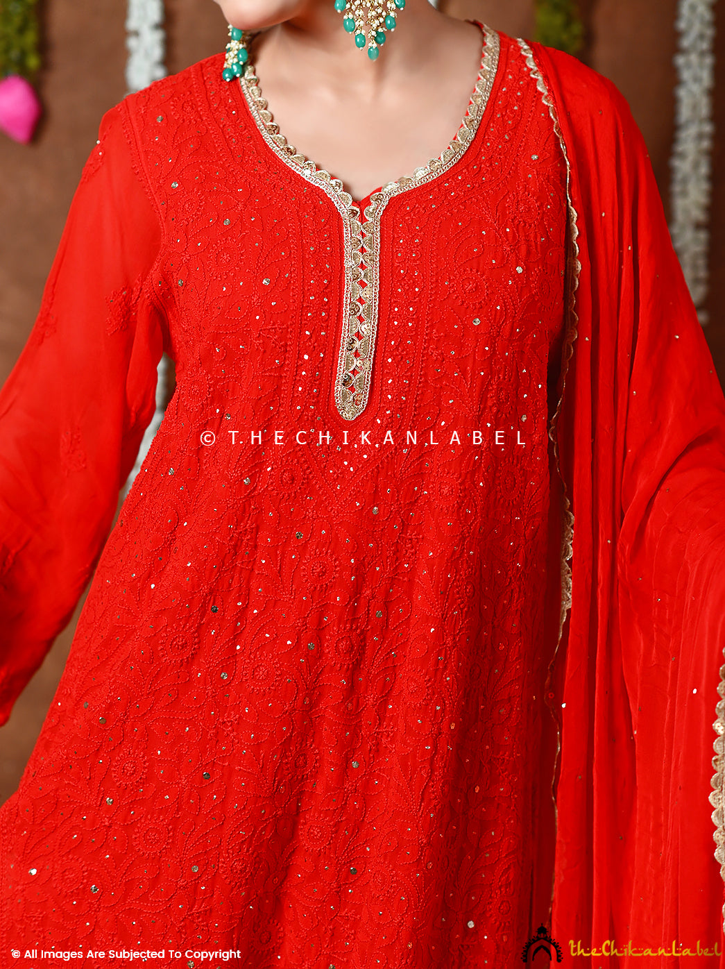 Elegant mukaish chikankari festive kurta sharara outfit crafted in viscose fabric with intricate detailing.