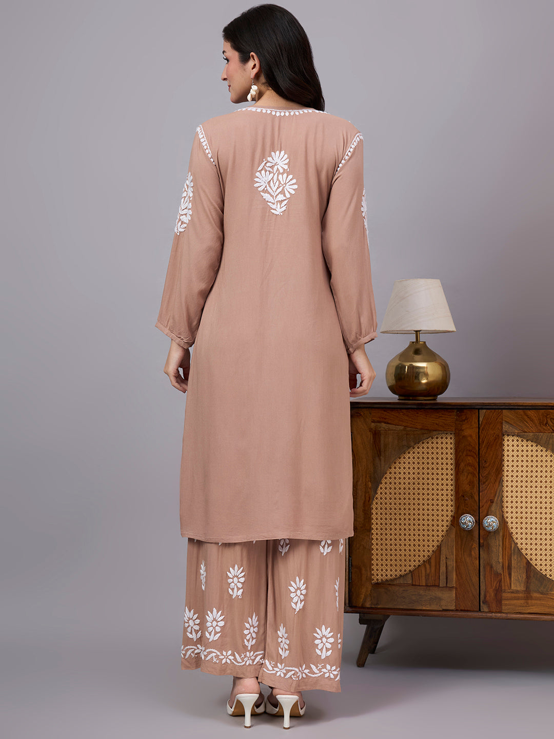 Handcrafted Rayon A-Line Kurta Set for women featuring authentic Lucknow Chikankari embroidery, breathable rayon fabric, and a comfortable regular fit for all-day wear.