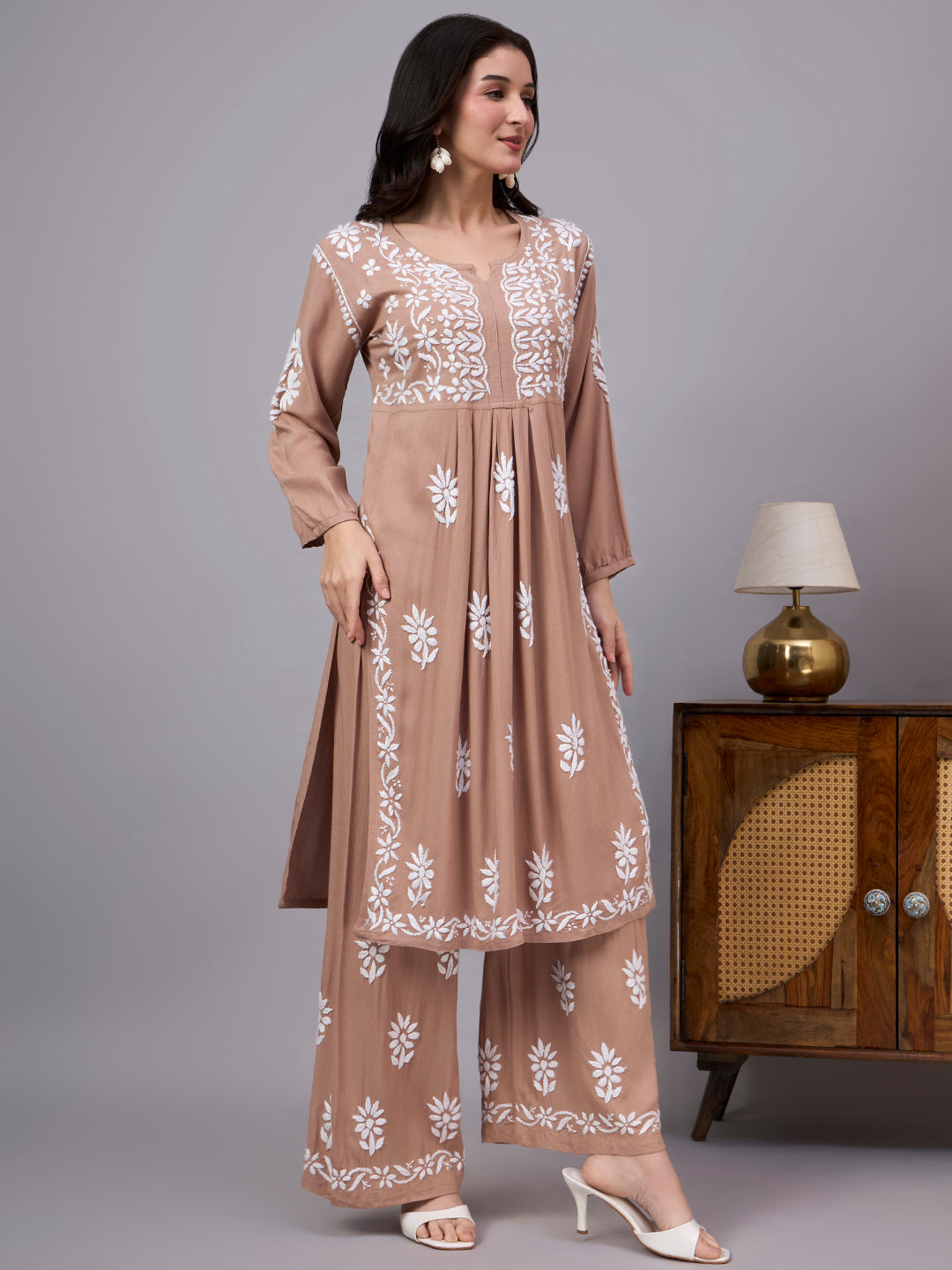 Authentic Rayon A-Line Kurta Set featuring handcrafted Lucknow Chikankari work, a flattering silhouette, and coordinated embroidered palazzo for versatile ethnic styling.